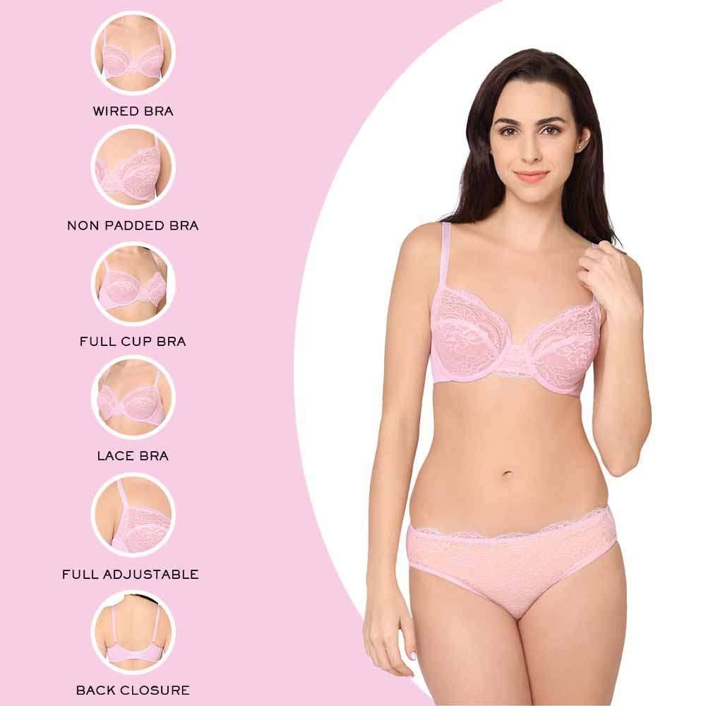 Essential Lace Non Padded Wired Full Cup Bridal Wear Lace Bra Full Support Bra - Light Pink