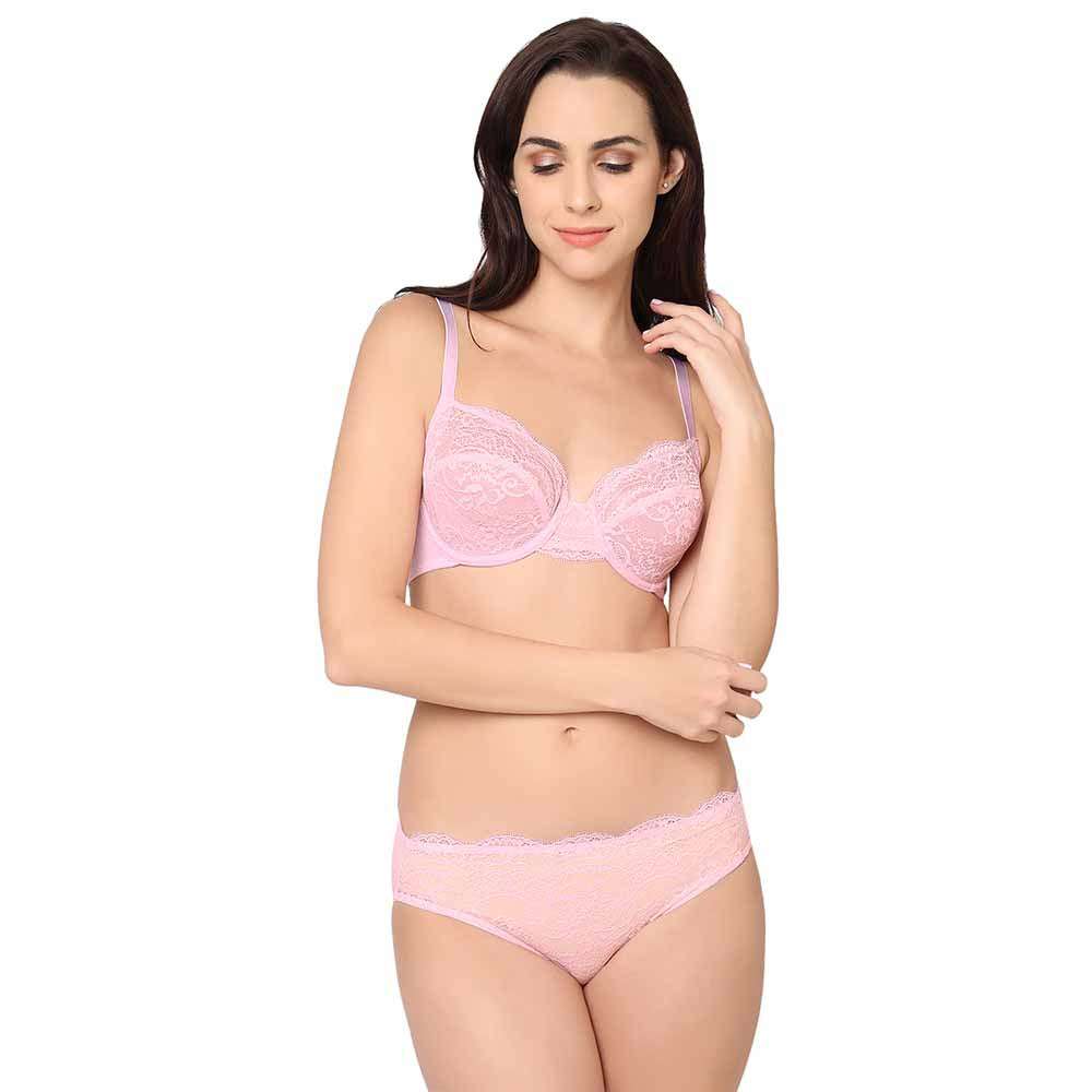 Essential Lace Non Padded Wired Full Cup Bridal Wear Lace Bra Full Support Bra - Light Pink