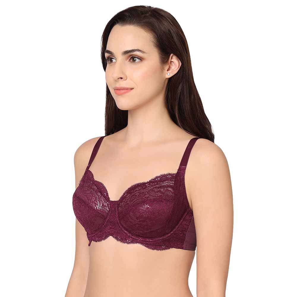 Essential Lace Non Padded Wired Full Cup Bridal Wear Lace Bra Full Support Bra - Wine