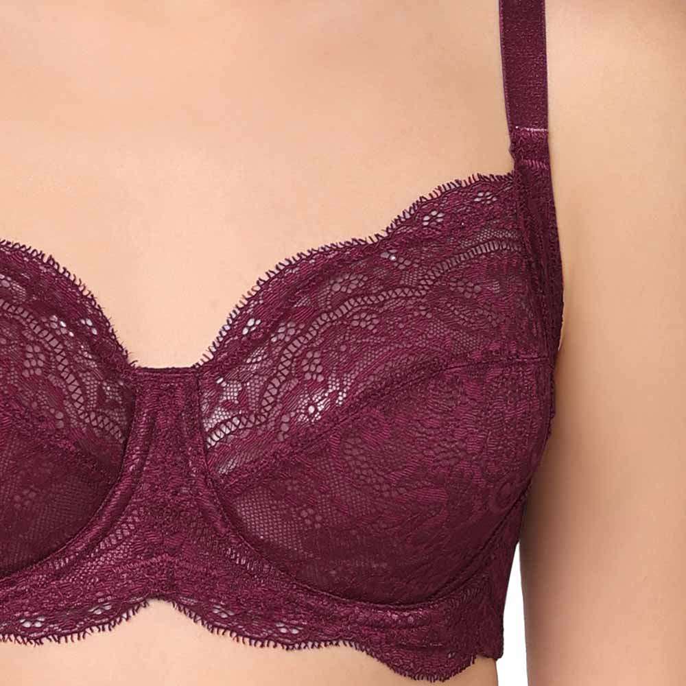Essential Lace Non Padded Wired Full Cup Bridal Wear Lace Bra Full Support Bra - Wine