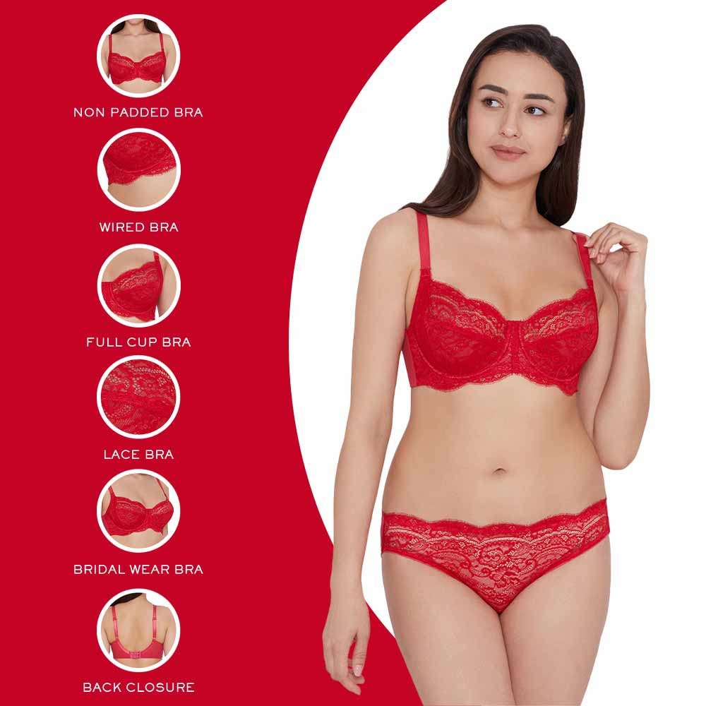 Essential Lace Non Padded Wired Full Cup Bridal Wear Lace Bra Full Support Bra - Red