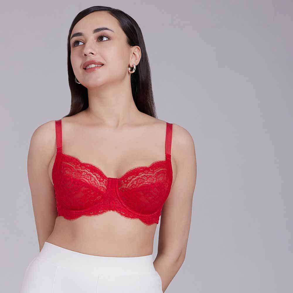 Essential Lace Non Padded Wired Full Cup Bridal Wear Lace Bra Full Support Bra - Red