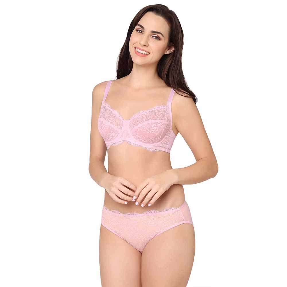 Essential Lace Non Padded Wired Full Cup Bridal Wear Lace Bra Full Support Bra - Light Pink