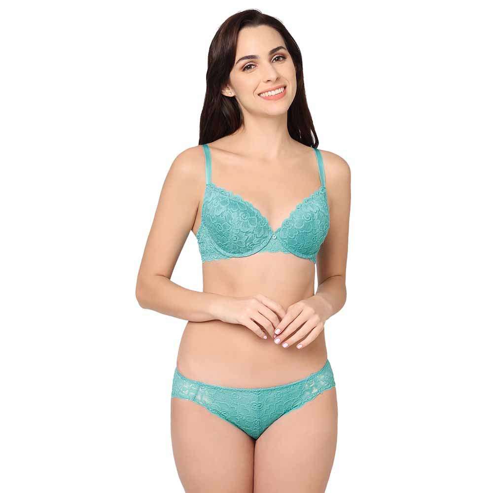 Plush Desire Padded Wired 3/4th Cup Bridal Wear Medium coverage Lace Push Up Bra - Blue