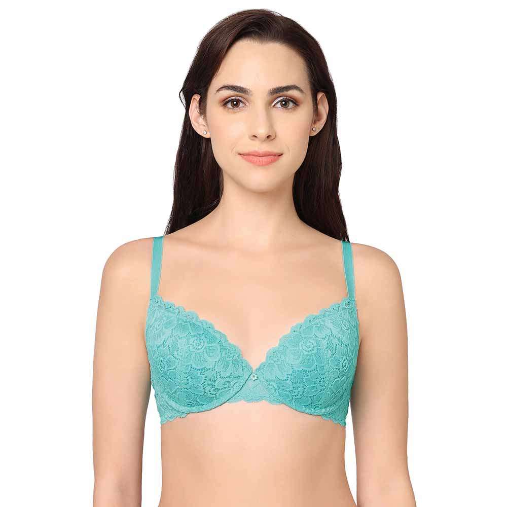 Plush Desire Padded Wired 3/4th Cup Bridal Wear Medium coverage Lace Push Up Bra - Blue