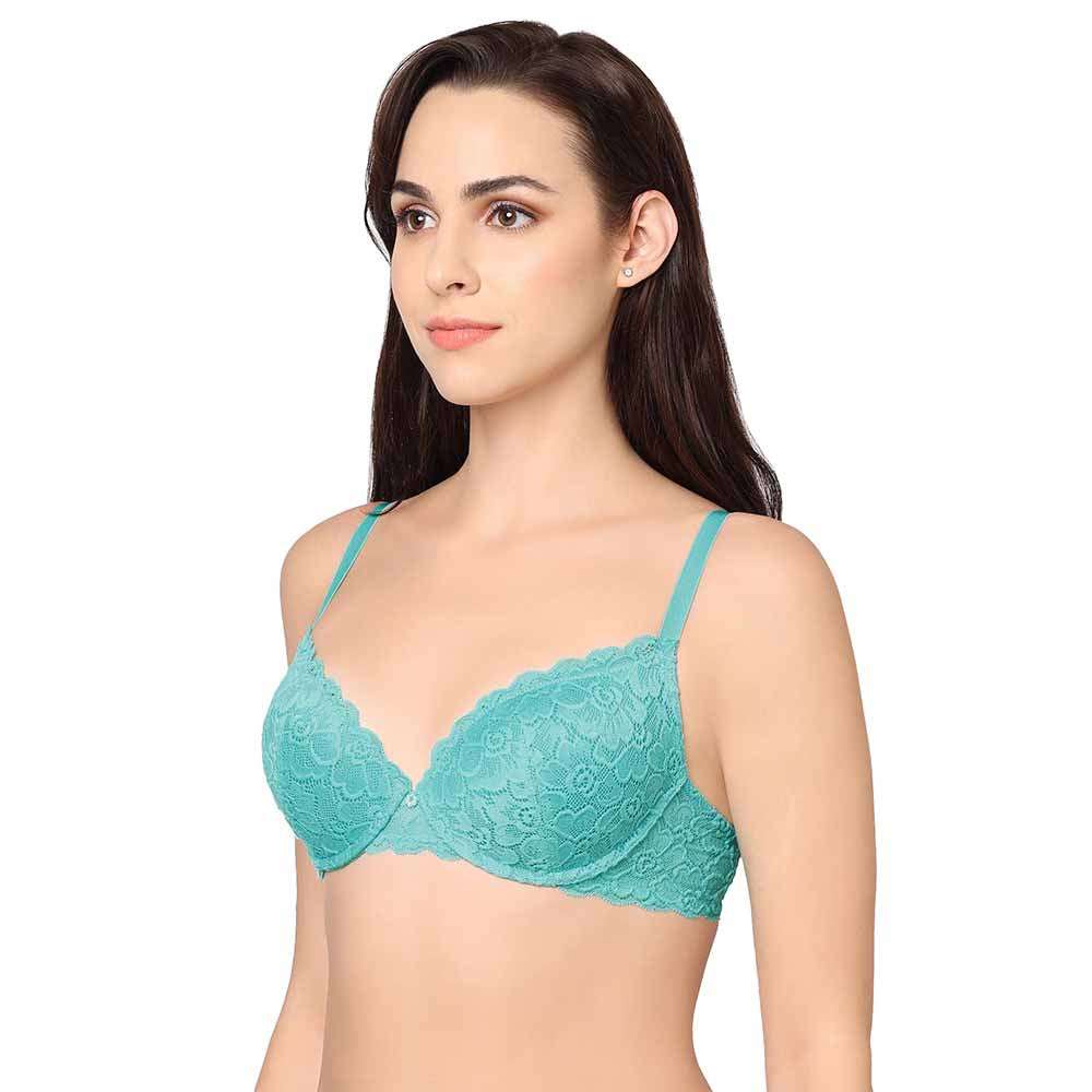 Plush Desire Padded Wired 3/4th Cup Bridal Wear Medium coverage Lace Push Up Bra - Blue