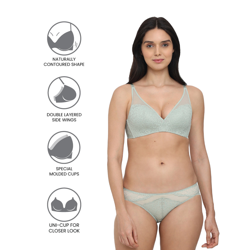 Emma Lace Padded Non-wired 3/4th Cup Bridal Wear Medium coverage Lace Bra - Green