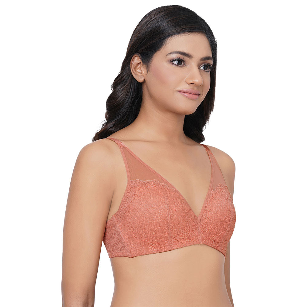 Emma Lace Padded Non-wired 3/4th Cup Bridal Wear Medium coverage Lace Bra - Rust
