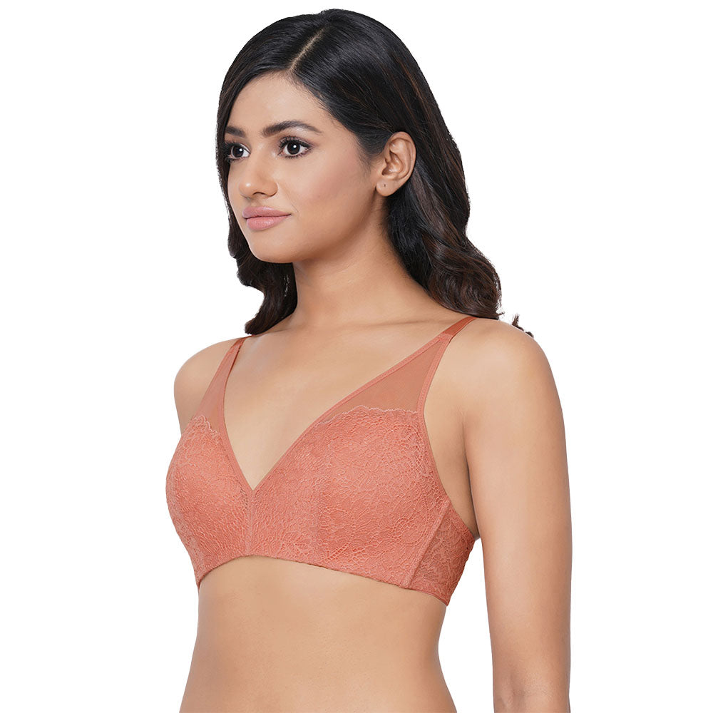Emma Lace Padded Non-wired 3/4th Cup Bridal Wear Medium coverage Lace Bra - Rust