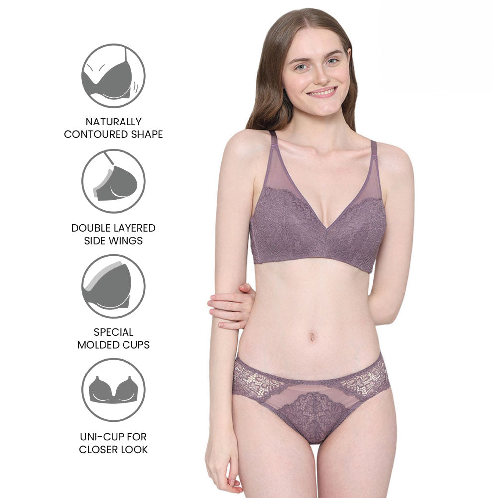 Emma Lace Padded Non-wired 3/4th Cup Bridal Wear Medium coverage Lace Bra - Purple