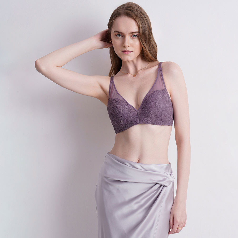 Emma Lace Padded Non-wired 3/4th Cup Bridal Wear Medium coverage Lace Bra - Purple