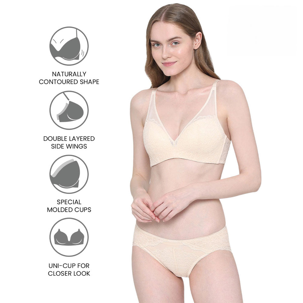 Emma Lace Padded Non-wired 3/4th Cup Bridal Wear Medium coverage Lace Bra - Beige