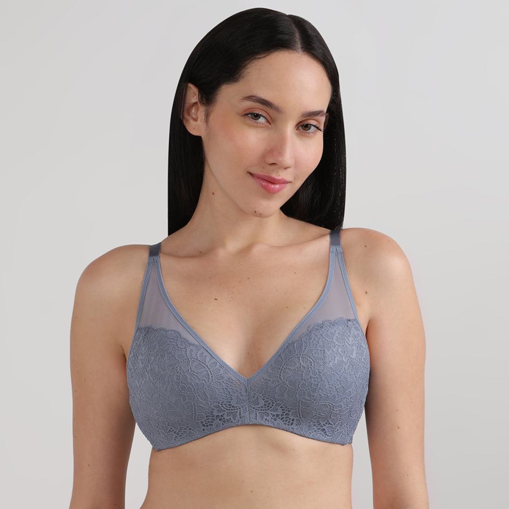 Emma Lace Padded Non-wired 3/4th Cup Bridal Wear Medium coverage Lace Bra-Grey