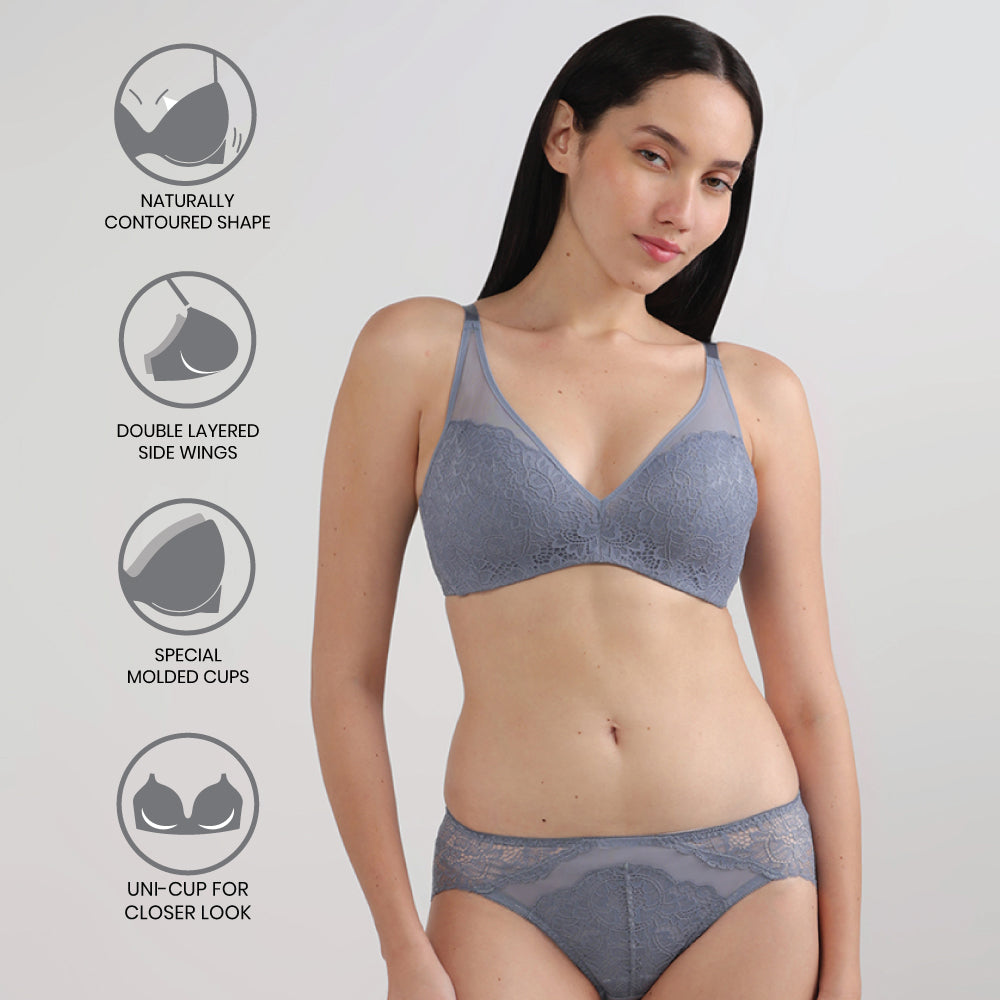 Emma Lace Padded Non-wired 3/4th Cup Bridal Wear Medium coverage Lace Bra-Grey