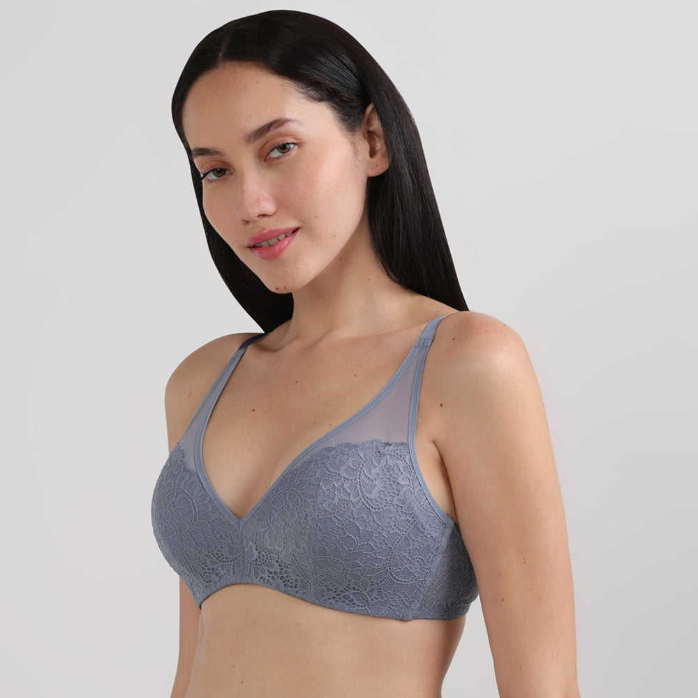 Emma Lace Padded Non-wired 3/4th Cup Bridal Wear Medium coverage Lace Bra-Grey