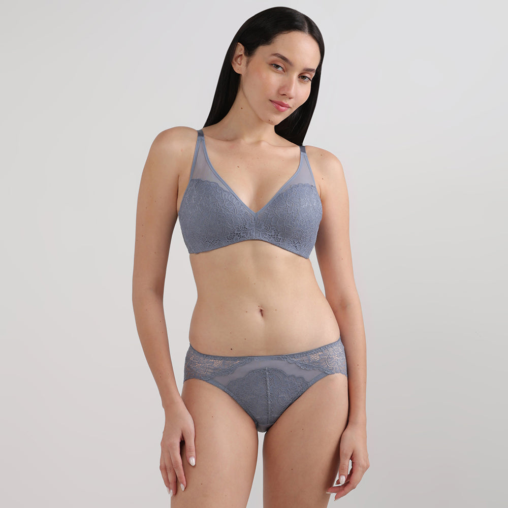 Emma Lace Padded Non-wired 3/4th Cup Bridal Wear Medium coverage Lace Bra-Grey