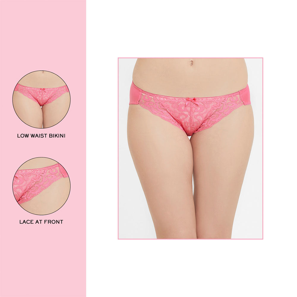 Mystique Low Waist Medium Coverage Bridal Wear Lace Bikini Panty - Pink