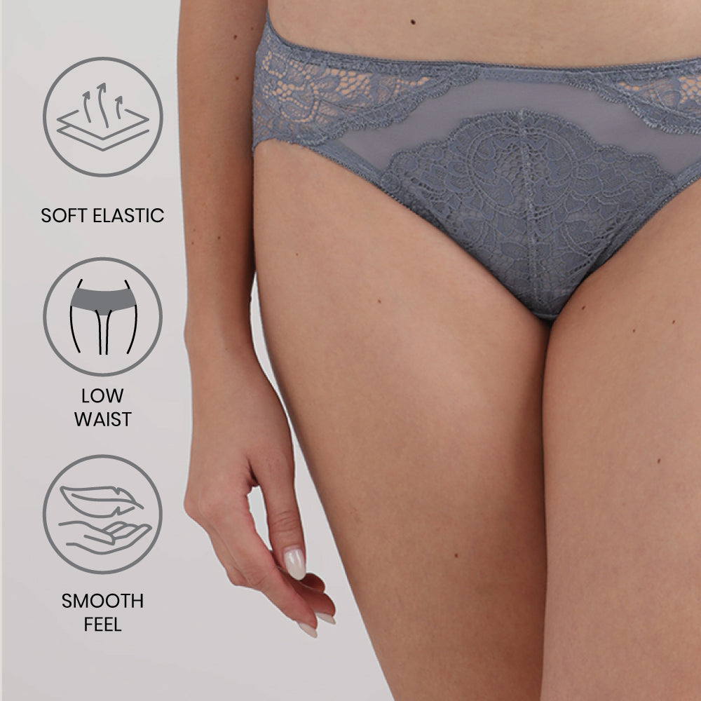 Emma Lace Low Waist Medium Coverage Bridal Wear Lace Bikini Panty-Grey