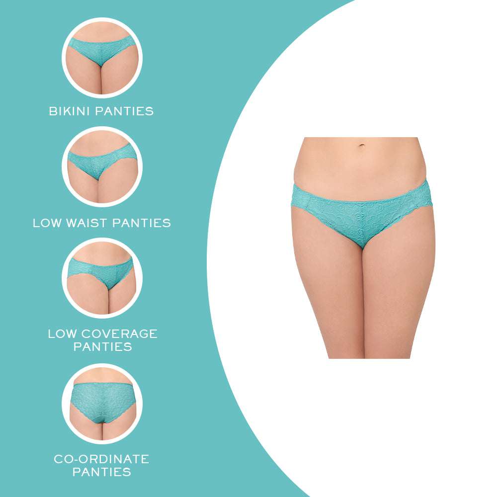 Plush Desire Low Waist Medium Coverage Bridal Wear Lace Bikini Panty - Blue