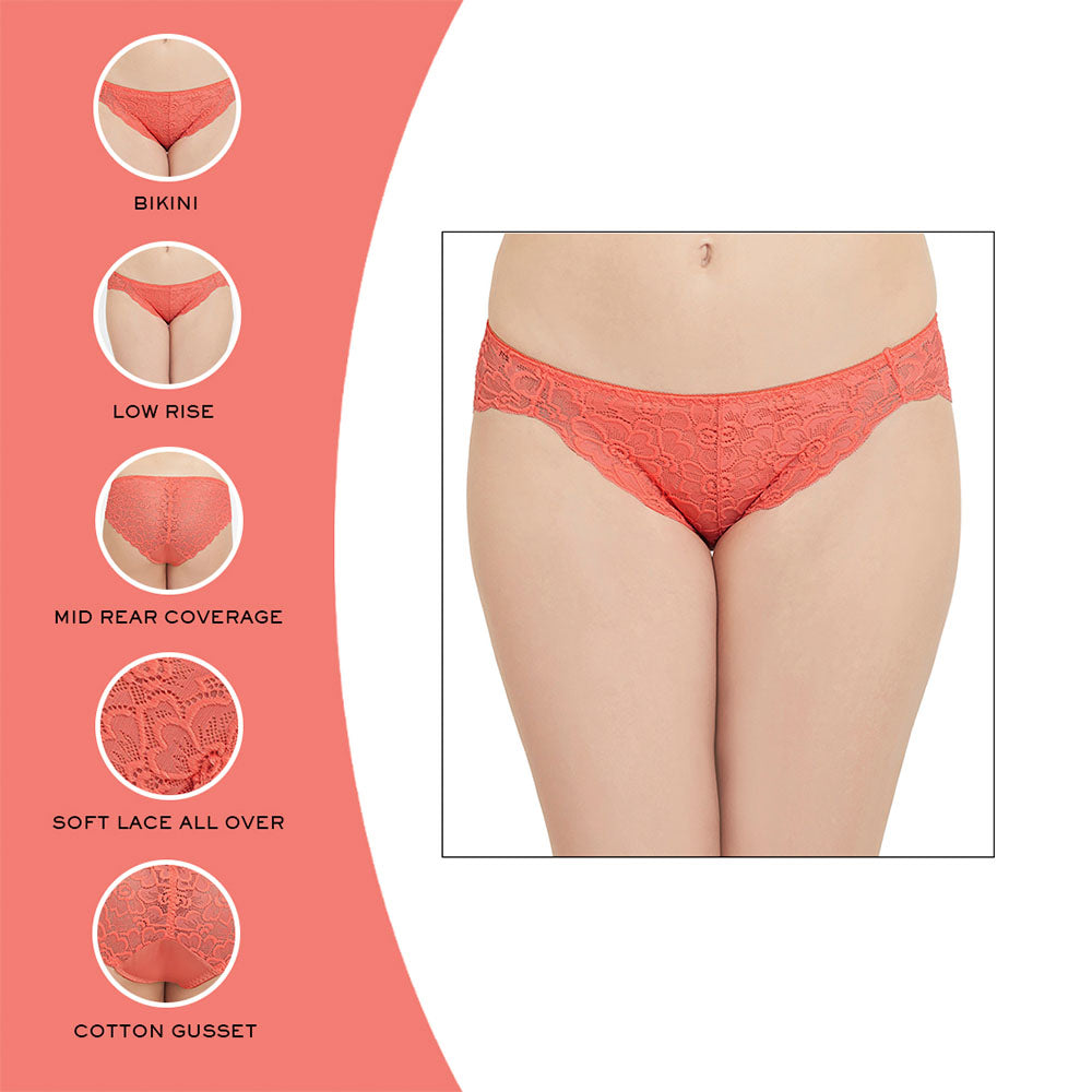 Plush Desire Low Waist Medium Coverage Bridal Wear Lace Bikini Panty - Coral