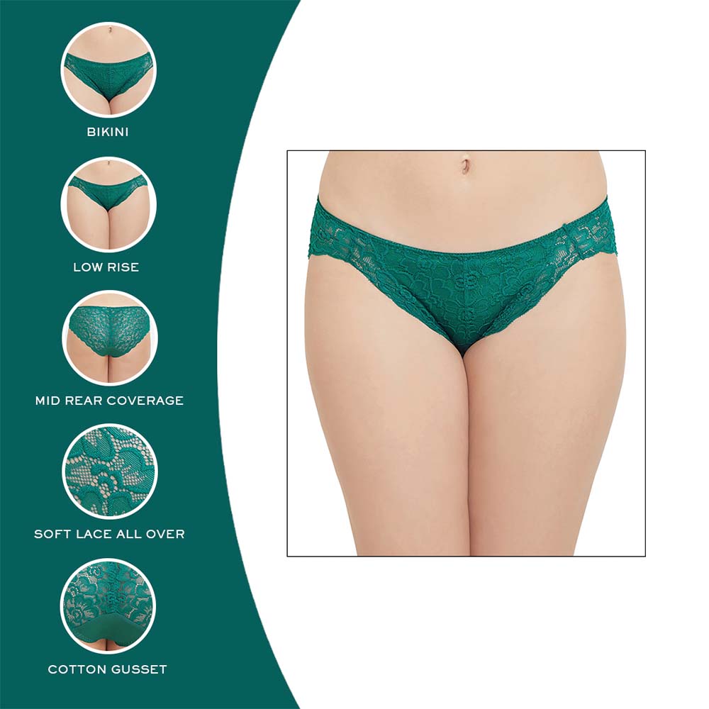 Plush Desire Low Waist Medium Coverage Bridal Wear Lace Bikini Panty - Green