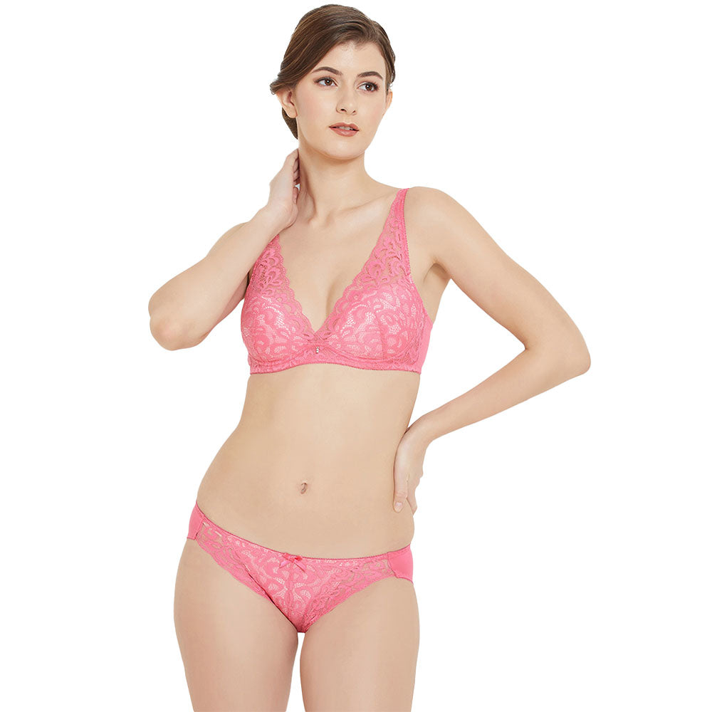 Mystique Padded Non-wired 3/4th Cup Bridal Wear Medium coverage Lace Bra - Pink