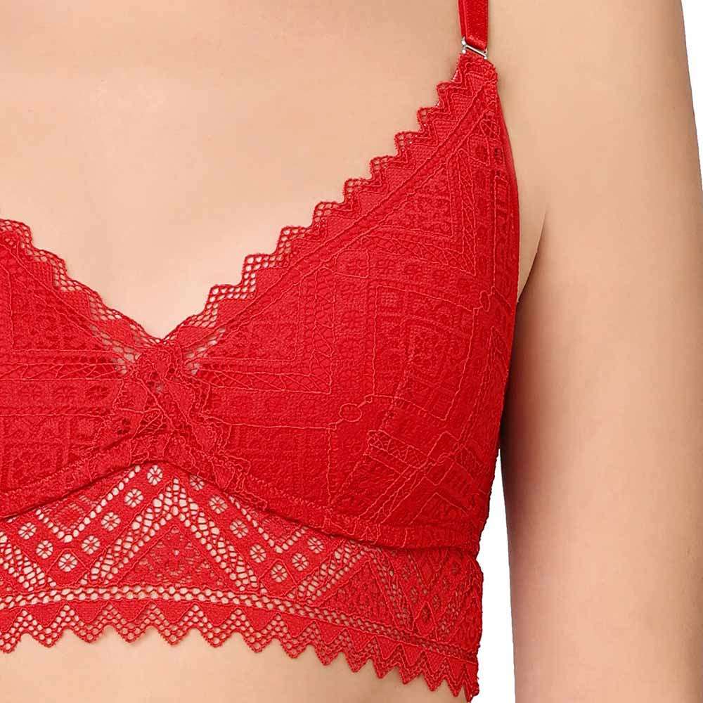 Gaia Collection Padded Non-Wired 3/4th Coverage Lacy Bralette Bra - Red