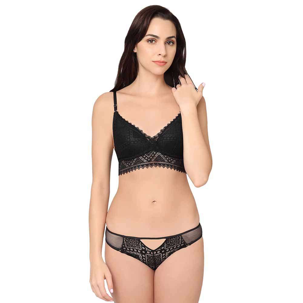 Gaia Collection Padded Non-Wired 3/4th Coverage Lacy Bralette Bra - Black