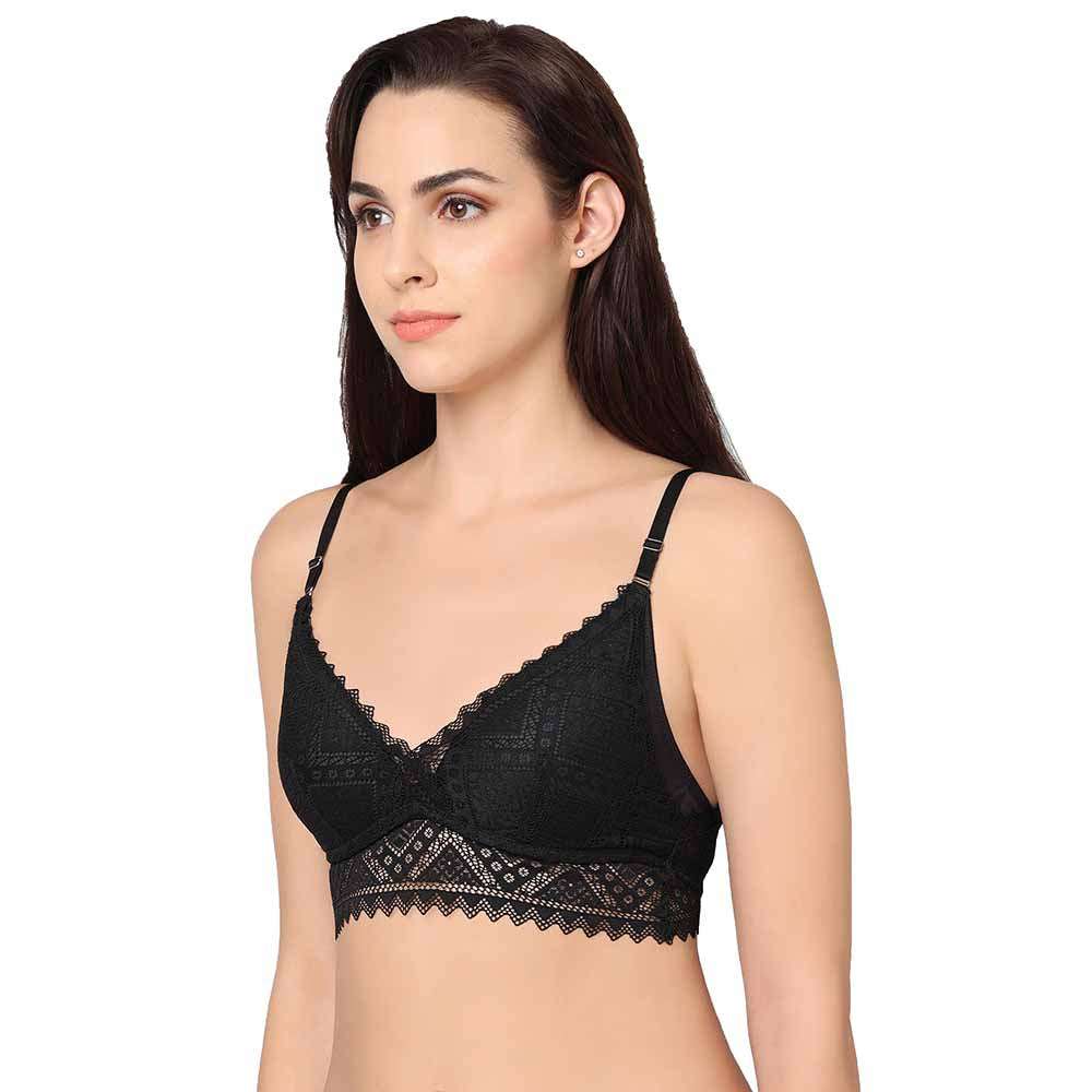 Gaia Collection Padded Non-Wired 3/4th Coverage Lacy Bralette Bra - Black