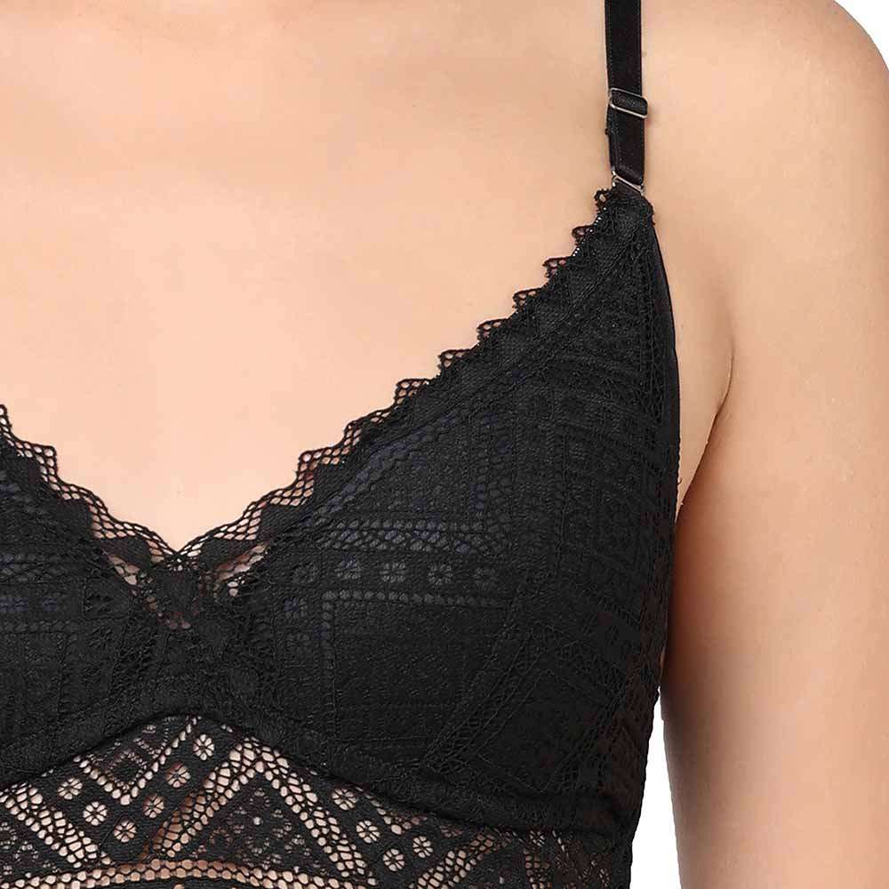 Gaia Collection Padded Non-Wired 3/4th Coverage Lacy Bralette Bra - Black