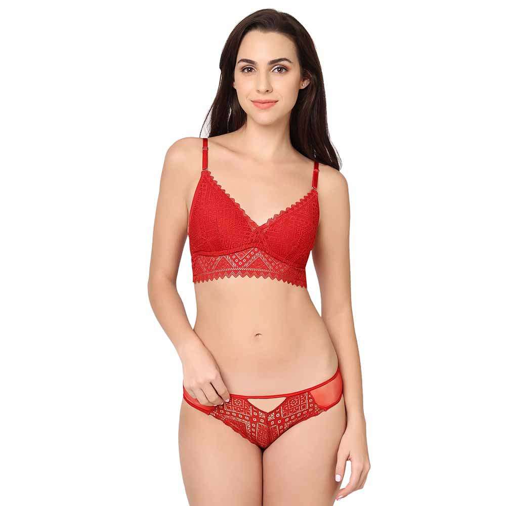Gaia Collection Padded Non-Wired 3/4th Coverage Lacy Bralette Bra - Red