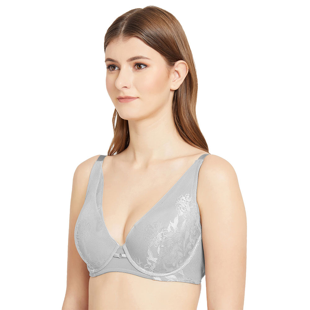 Feliz Padded Wired  3/4th Cup Everyday Wear Medium coverage Lace Plunge Bra - Grey