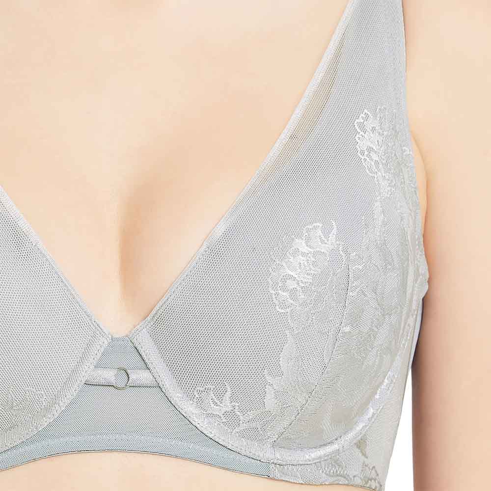 Feliz Padded Wired  3/4th Cup Everyday Wear Medium coverage Lace Plunge Bra - Grey