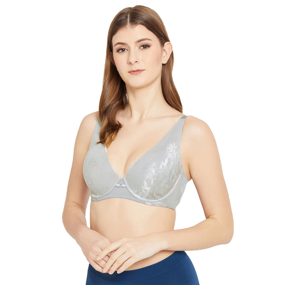 Feliz Padded Wired  3/4th Cup Everyday Wear Medium coverage Lace Plunge Bra - Grey