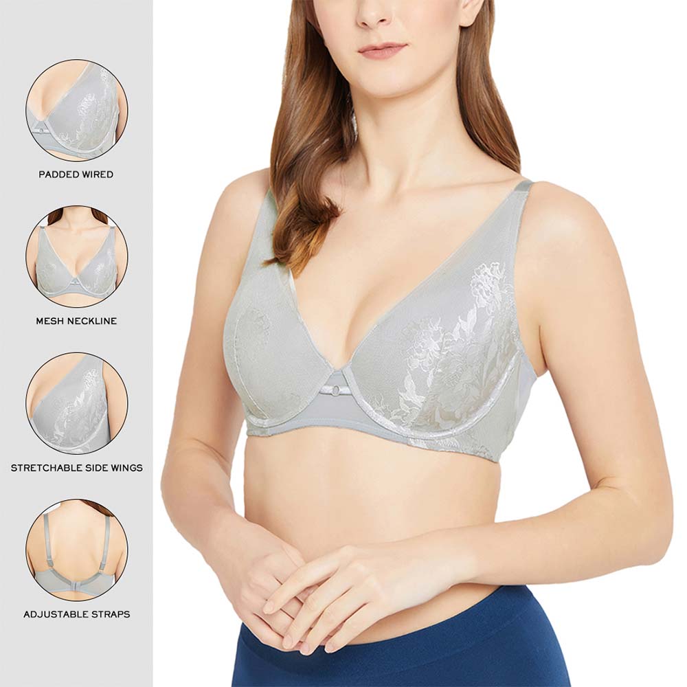 Feliz Padded Wired  3/4th Cup Everyday Wear Medium coverage Lace Plunge Bra - Grey