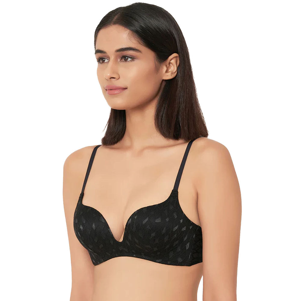 Zephyr Padded Non Wired 3/4Th Cup Push-Up Lacy Plunge Bra - Black