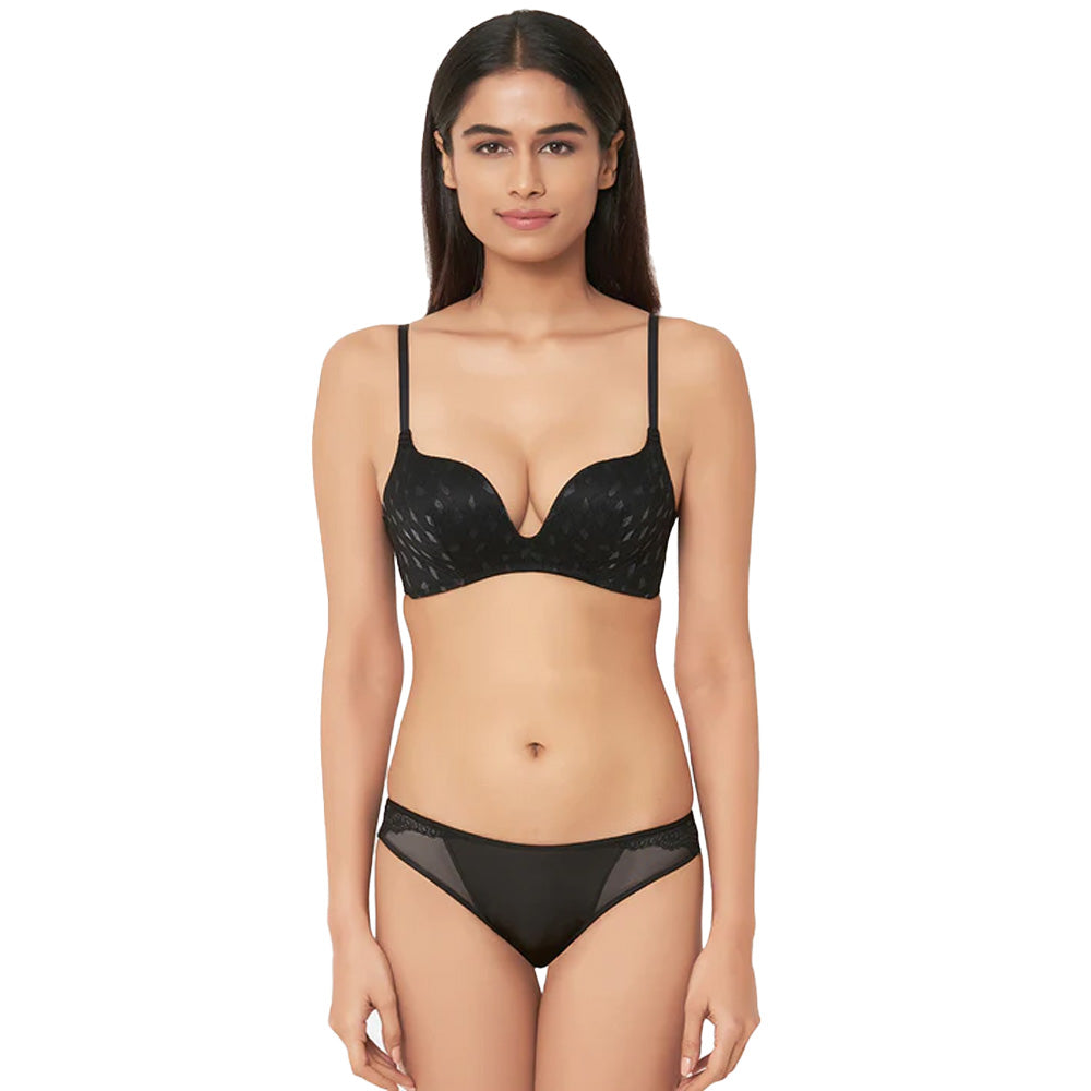 Zephyr Padded Non Wired 3/4Th Cup Push-Up Lacy Plunge Bra - Black