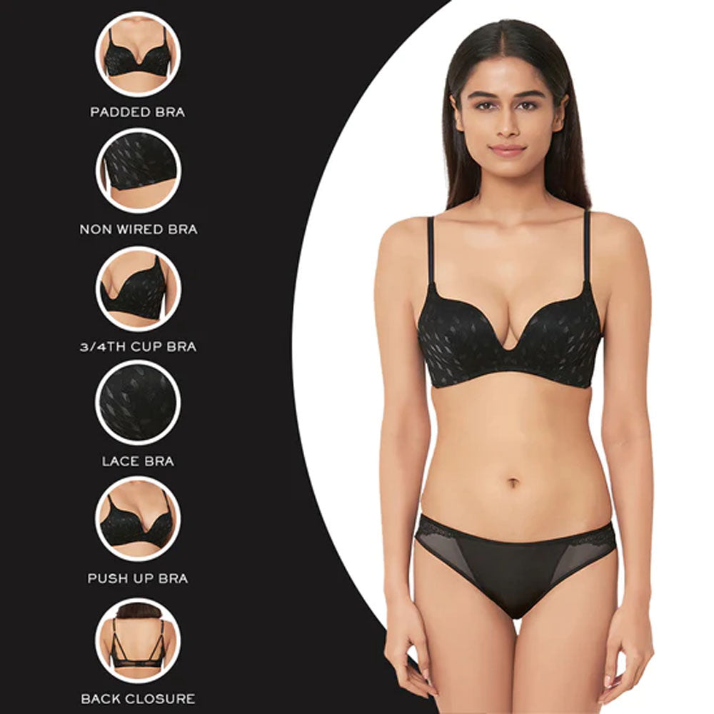 Zephyr Padded Non Wired 3/4Th Cup Push-Up Lacy Plunge Bra - Black