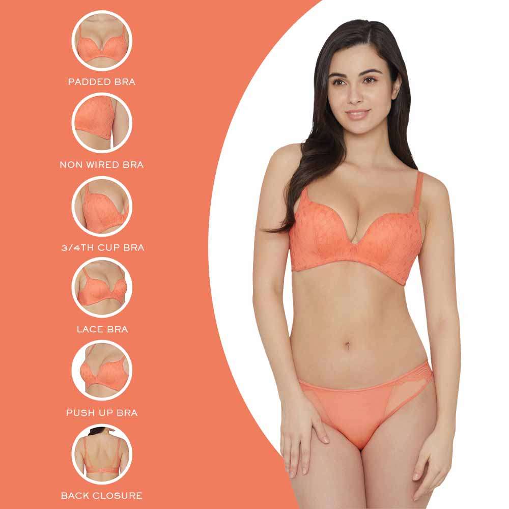 Zephyr Padded Non Wired 3/4Th Cup Push-Up Lacy Plunge Bra - Orange