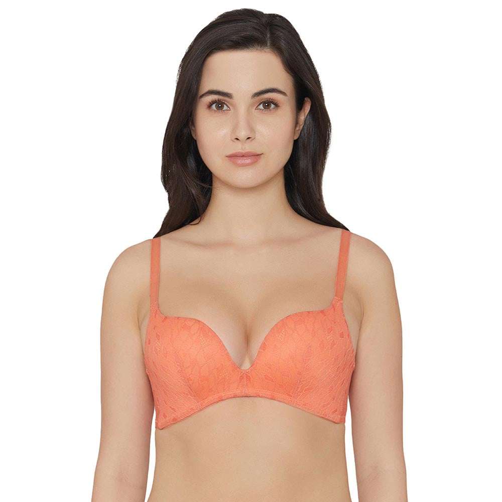 Zephyr Padded Non Wired 3/4Th Cup Push-Up Lacy Plunge Bra - Orange