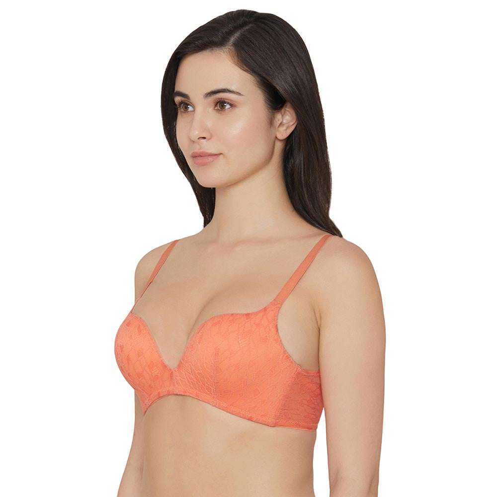 Zephyr Padded Non Wired 3/4Th Cup Push-Up Lacy Plunge Bra - Orange