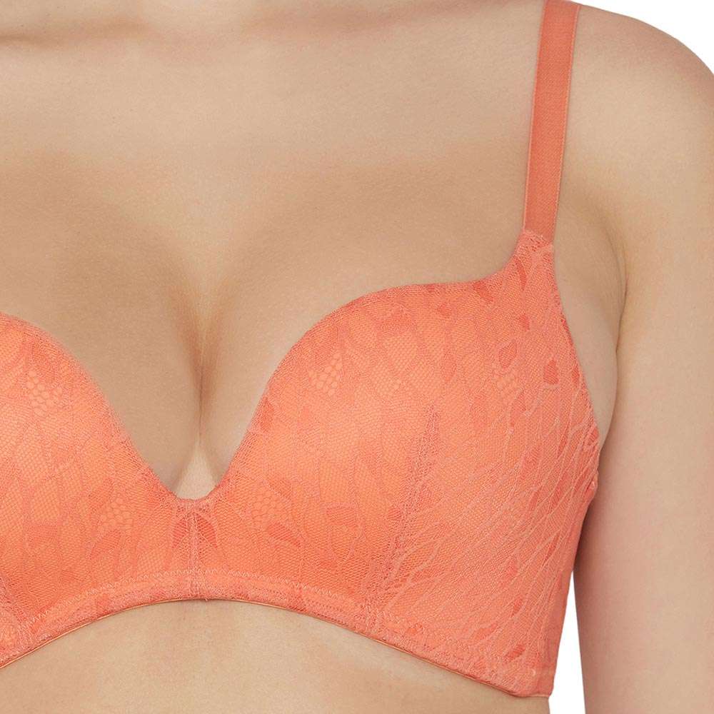 Zephyr Padded Non Wired 3/4Th Cup Push-Up Lacy Plunge Bra - Orange