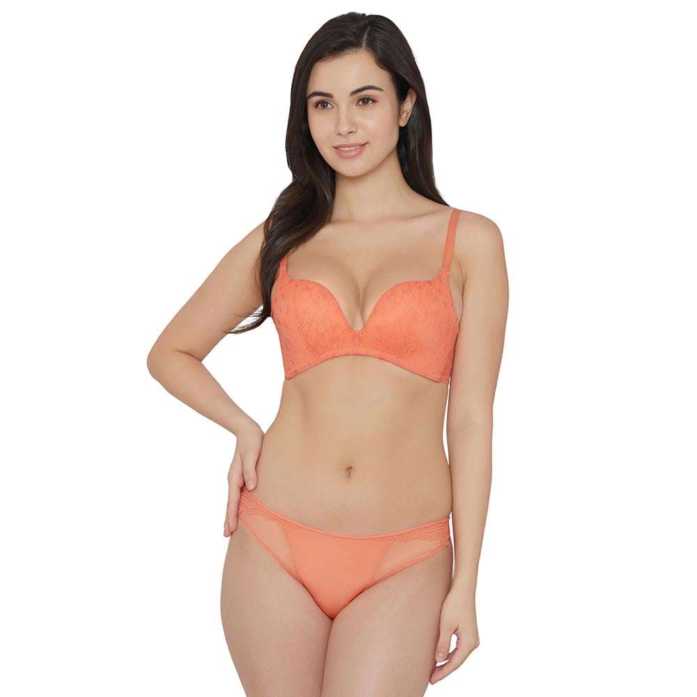 Zephyr Padded Non Wired 3/4Th Cup Push-Up Lacy Plunge Bra - Orange