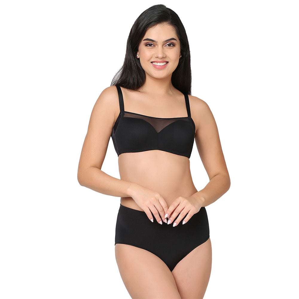 Contour Padded Wired 3/4th Cup Full Coverage Mesh Fashion Bra - Black
