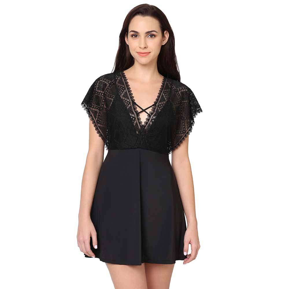 Gaia Non Padded Non Wired Bridal Wear Short Lace Babydoll Chemise - Black