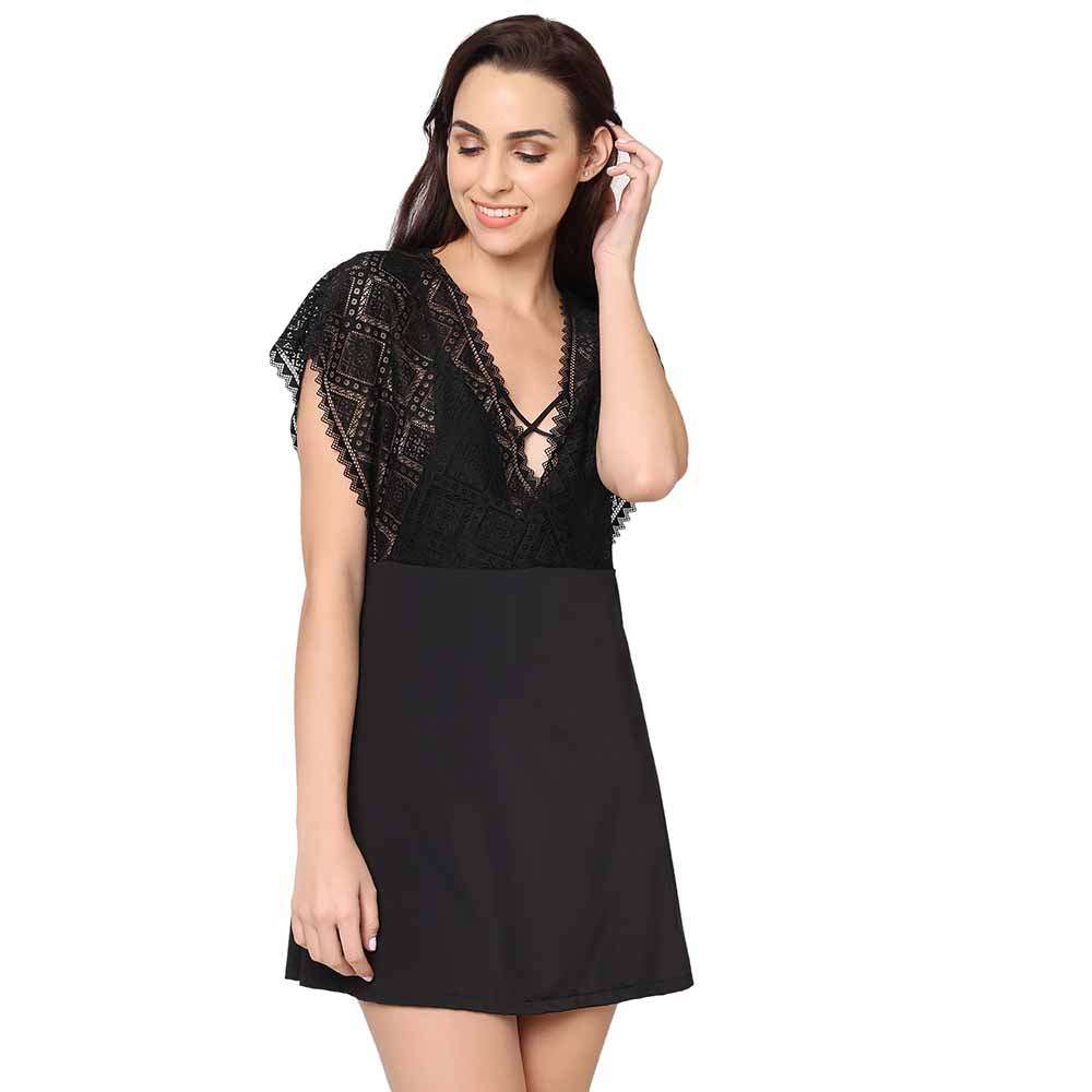 Gaia Non Padded Non Wired Bridal Wear Short Lace Babydoll Chemise - Black