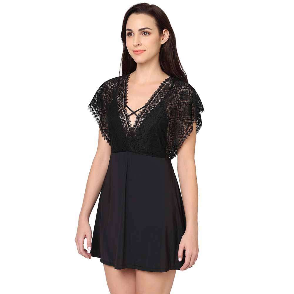 Gaia Non Padded Non Wired Bridal Wear Short Lace Babydoll Chemise - Black