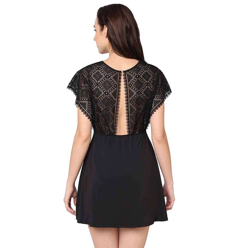 Gaia Non Padded Non Wired Bridal Wear Short Lace Babydoll Chemise - Black