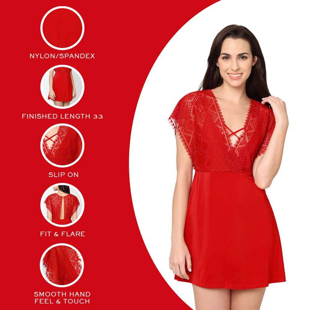 Gaia Non Padded Non Wired Bridal Wear Short Lace Babydoll Chemise - Red