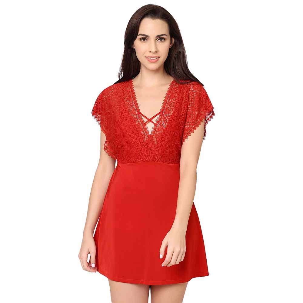 Gaia Non Padded Non Wired Bridal Wear Short Lace Babydoll Chemise - Red